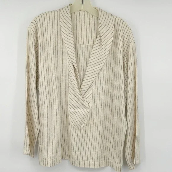 Vintage 80s Cotton Blend Midi Skirt Set M Cream Stripe Draped Collar Top Coastal - Picture 5 of 12